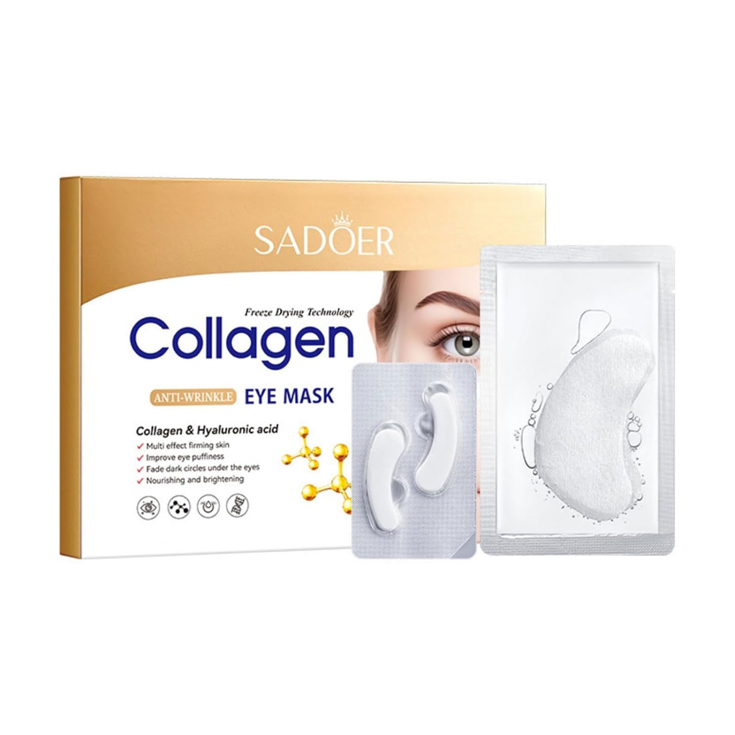 Патчі для шкіри навколо очей Sadoer Freeze-Dried Eye Mask з колагеном та гіалуроновою кислотою, 4 пари*160 мг + 4 пари*5 мг